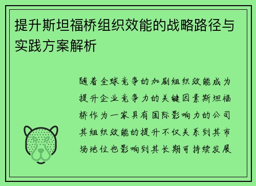 提升斯坦福桥组织效能的战略路径与实践方案解析
